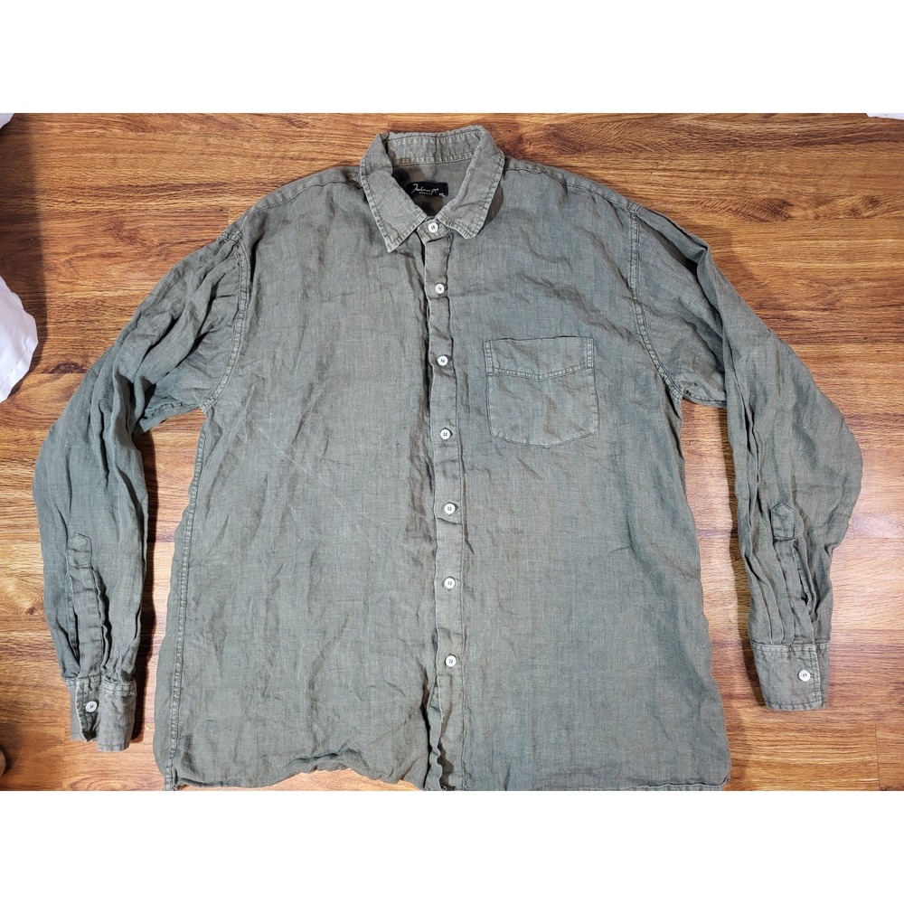 John P Greece Olive Green 100% Linen Mens ‎ Button Up XXL